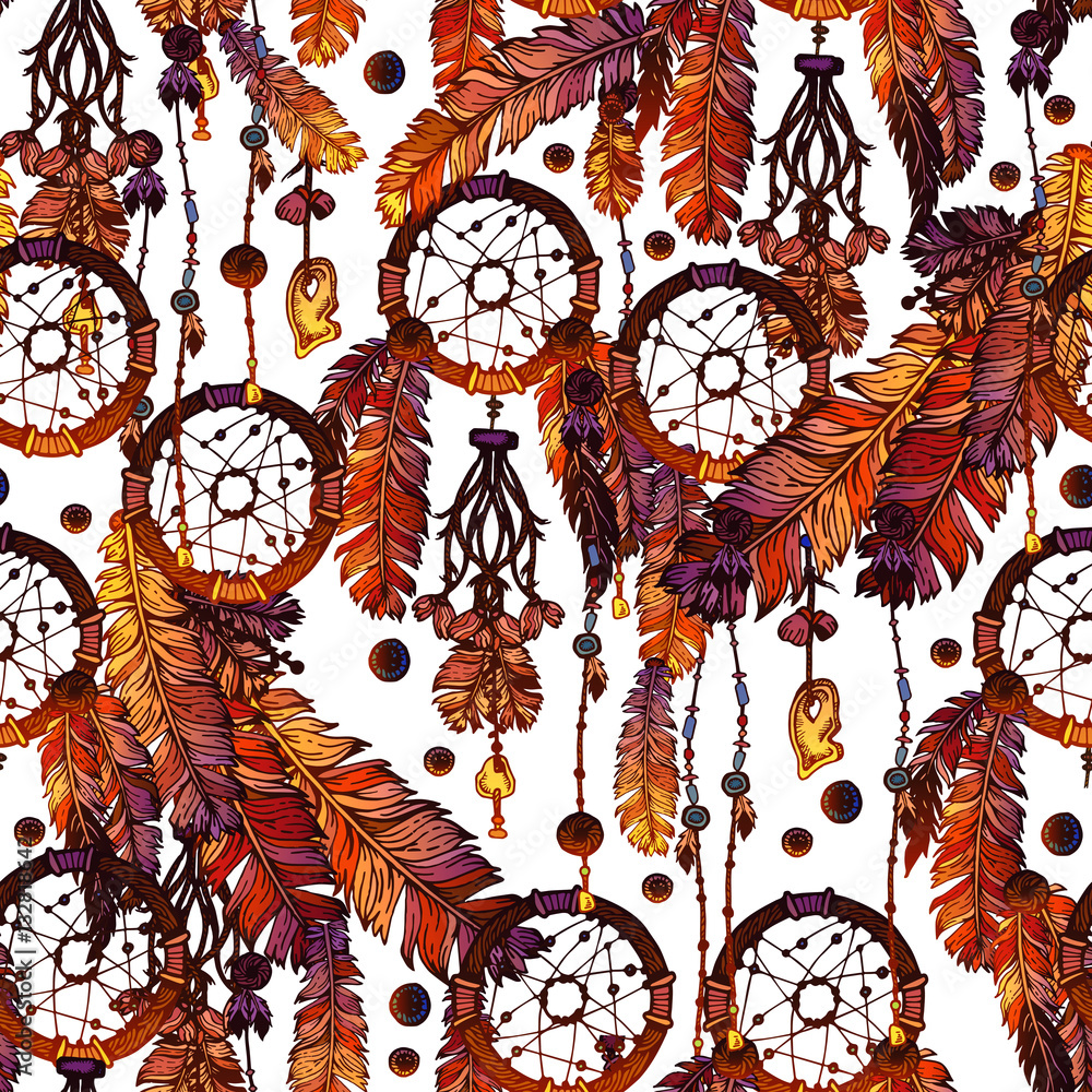 Fototapeta premium Colorful feathers pattern over white background