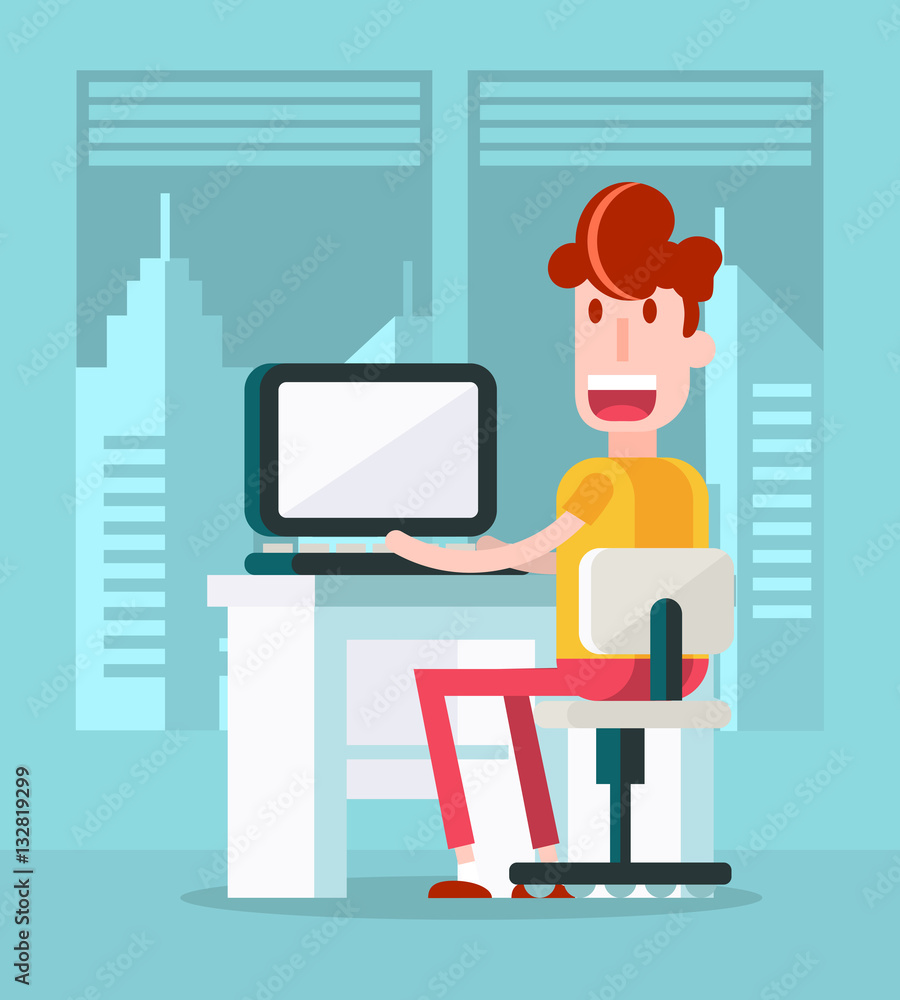 Boy Working with a Laptop in the Office. Isolated Flat Vector Illustration. Boy Working with a Laptop in the Office. Isolated Flat Vector Illustration.