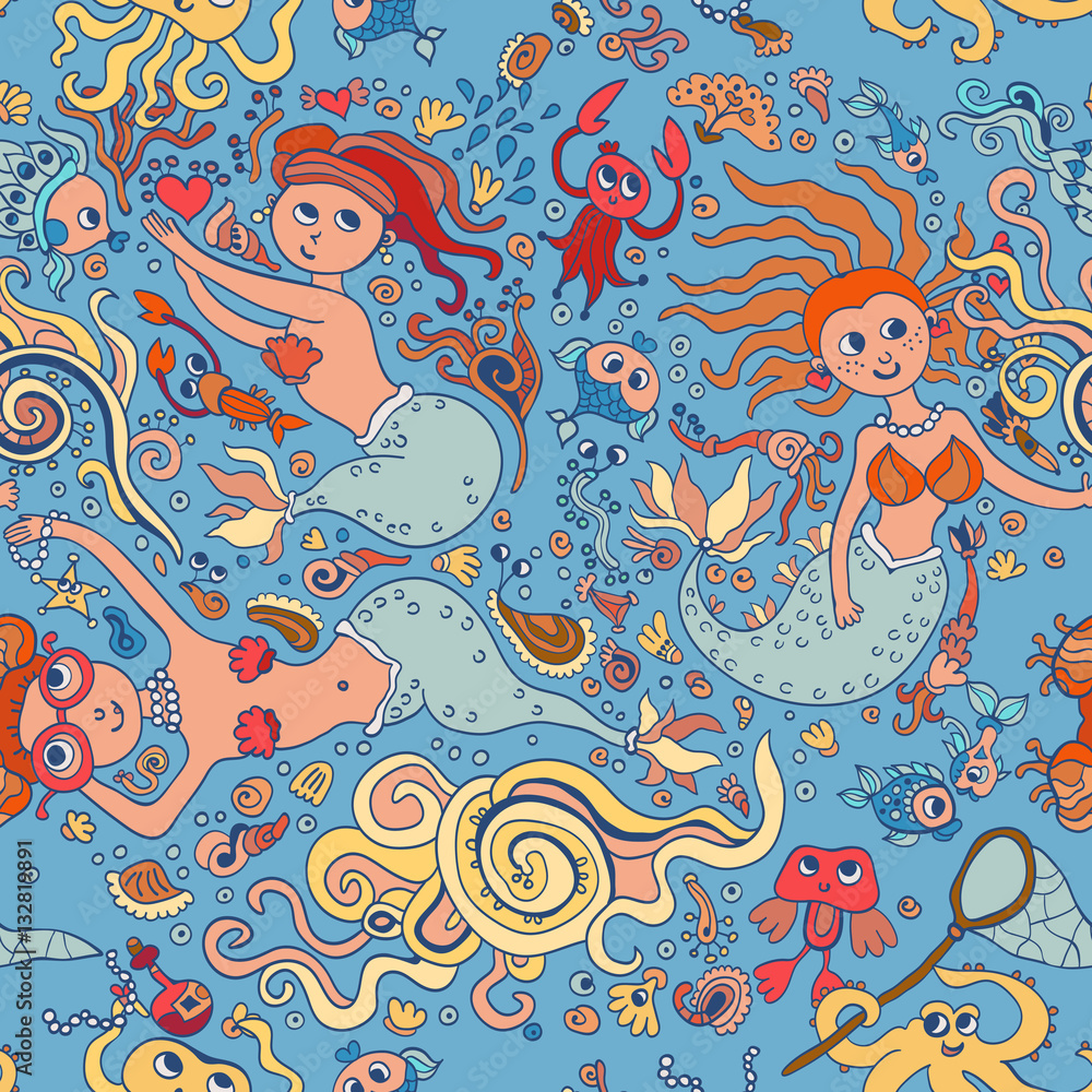 Beautiful blue seamless pattern with mermaid Beautiful blue seamless pattern with mermaid
