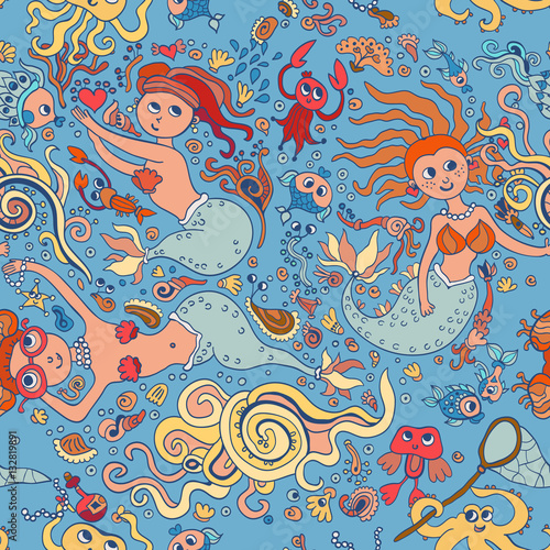 Beautiful blue seamless pattern with mermaid