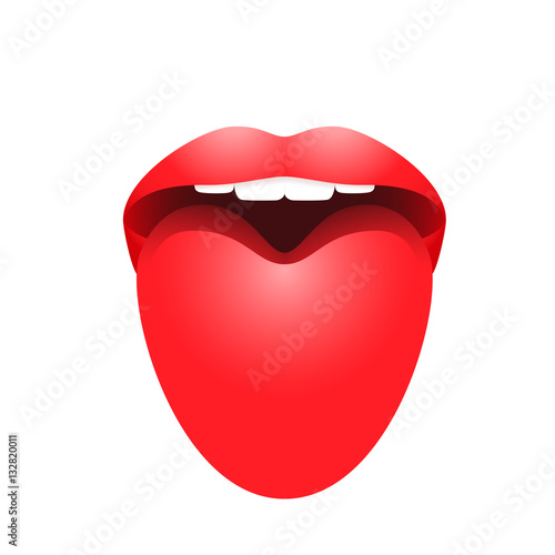 Open mouth with red female lips and sticking out tongue