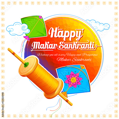 Happy Makar Sankranti wallpaper with colorful kite string for festival of India