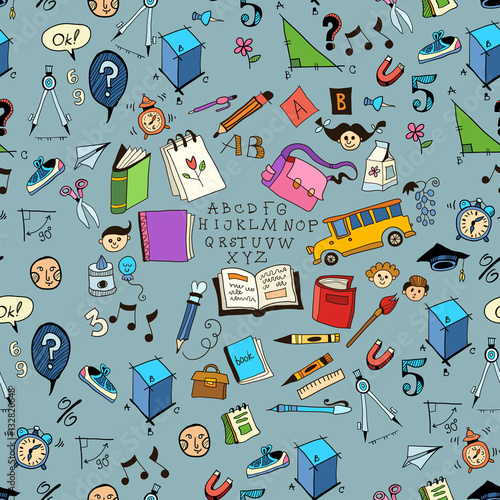 Seamless pattern with set of different school things.