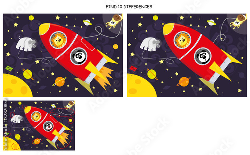 find 10 differences - game for children: animal, red rocket and space