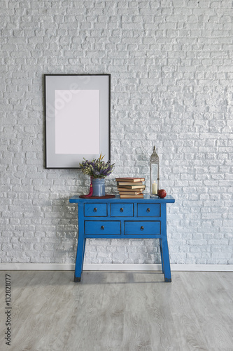 frame and blue old desk brick wall and wallpaper style