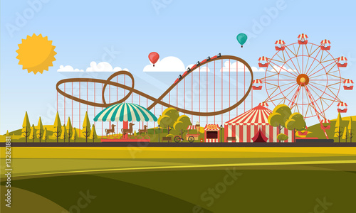 Flat illustration of amusement park at daytime illustration

