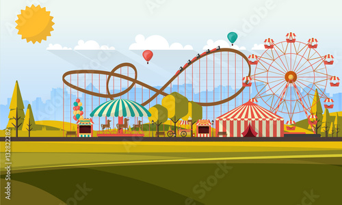 Flat illustration of amusement park at daytime illustration

