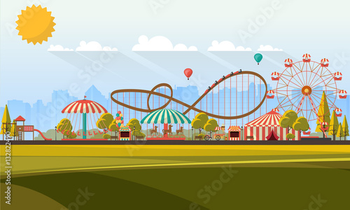 Flat illustration of amusement park at daytime illustration

