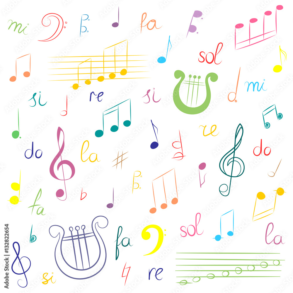Hand Drawn Set of Music Symbols. Colorful Doodle Treble Clef, Bass Clef, Notes and Lyre. Sketch Style Vector Illustration. Hand Drawn Set of Music Symbols. Colorful Doodle Treble Clef, Bass Clef, Notes and Lyre. Sketch Style Vector Illustration.