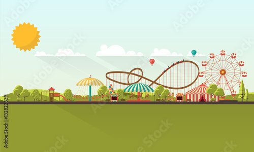 Flat illustration of amusement park at daytime illustration

