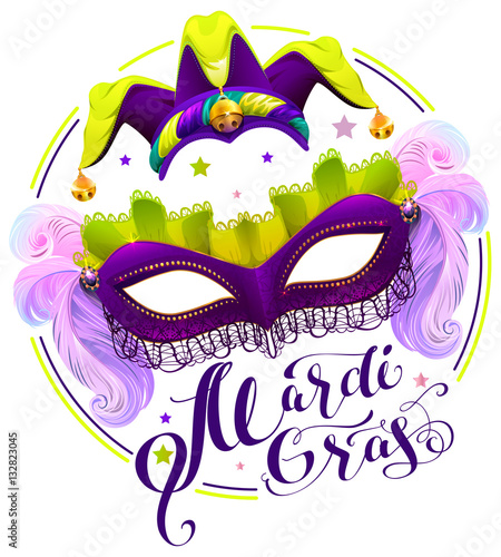 Mardi Gras lettering text. Purple carnival mask and clown cap