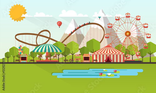 Flat illustration of amusement park at daytime illustration

