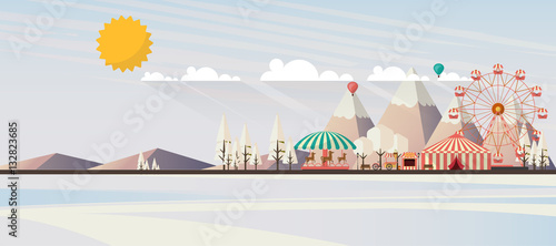 Flat illustration of amusement park at daytime in winter illustration

