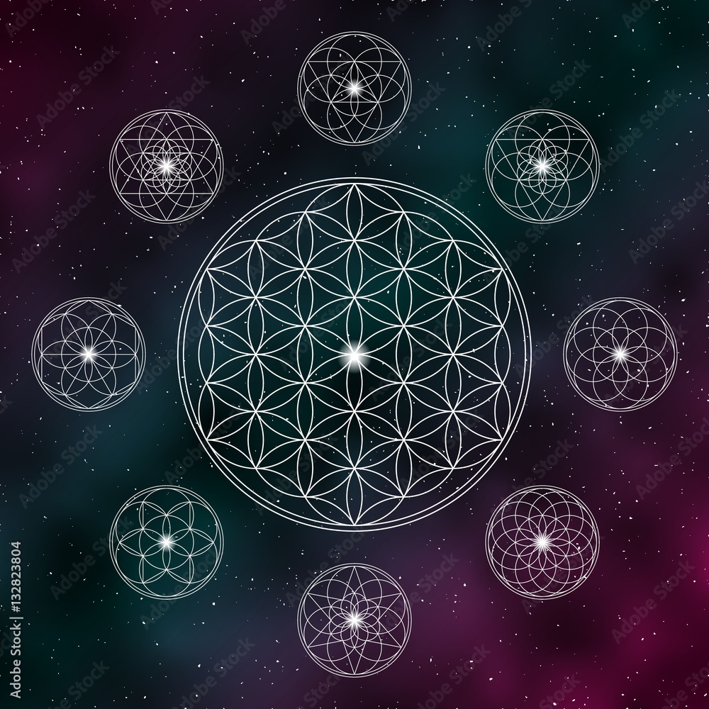 Flower of life. Sacred geometry icons on the cosmic background Stock Vector  | Adobe Stock