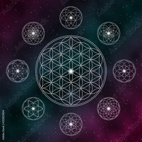 Flower of life. Sacred geometry icons on the cosmic background