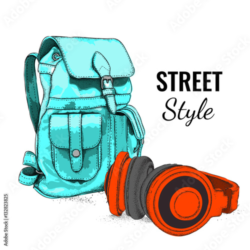 Hand drawn Vector Backpack and headphones. Vector illustration