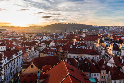 Old town square in Prague with traditional red roofs, Czech republic