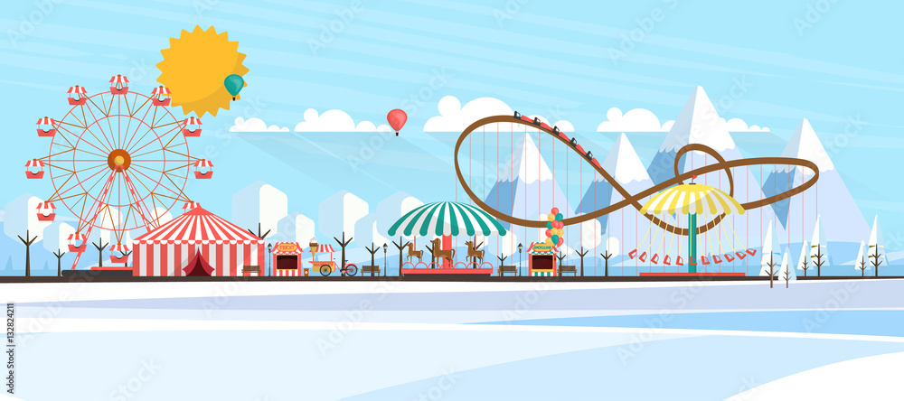 Obraz premium Flat illustration of amusement park at daytime in winter illustration