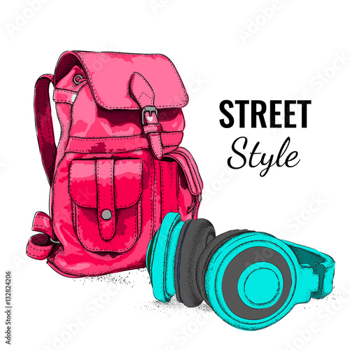 Hand drawn Vector Backpack and headphones. Vector illustration