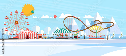 Flat illustration of amusement park at daytime in winter illustration

