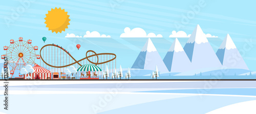 Flat illustration of amusement park at daytime in winter illustration

