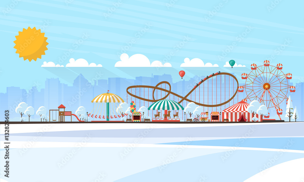 Naklejka premium Flat illustration of amusement park at daytime in winter illustration