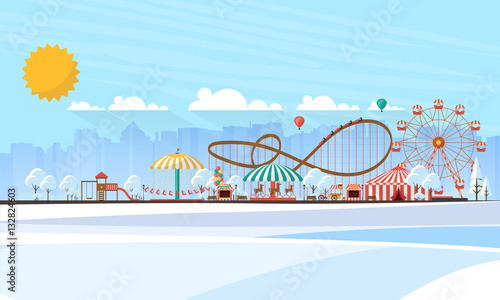 Flat illustration of amusement park at daytime in winter illustration

