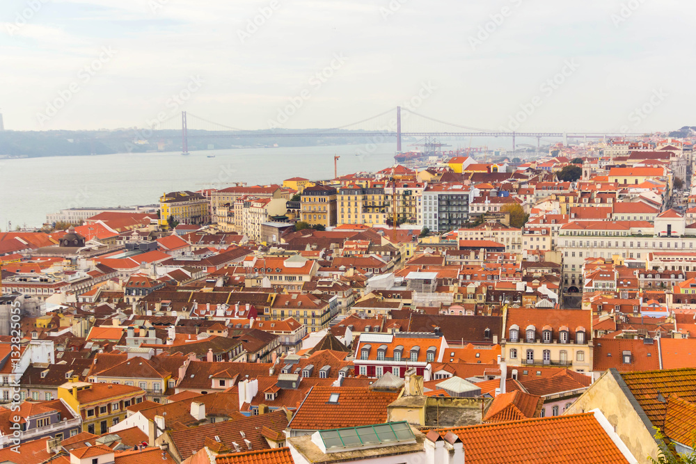 Fototapeta premium View of roofs and 25 April bridge from Saint George Castle