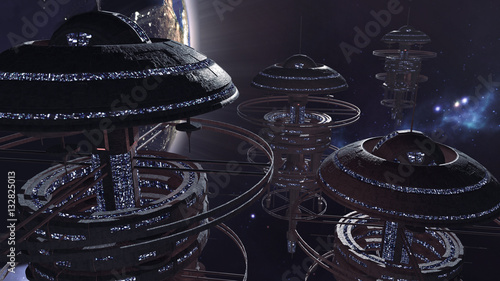 Fotografie 3d rendering. Powerful set of spacestations in futuristic scene