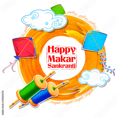 Happy Makar Sankranti wallpaper with colorful kite string for festival of India