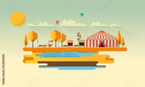 flat circus scene with red and white tent clip art preview