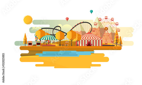 Amusement park at autumn daytime flat illustration

