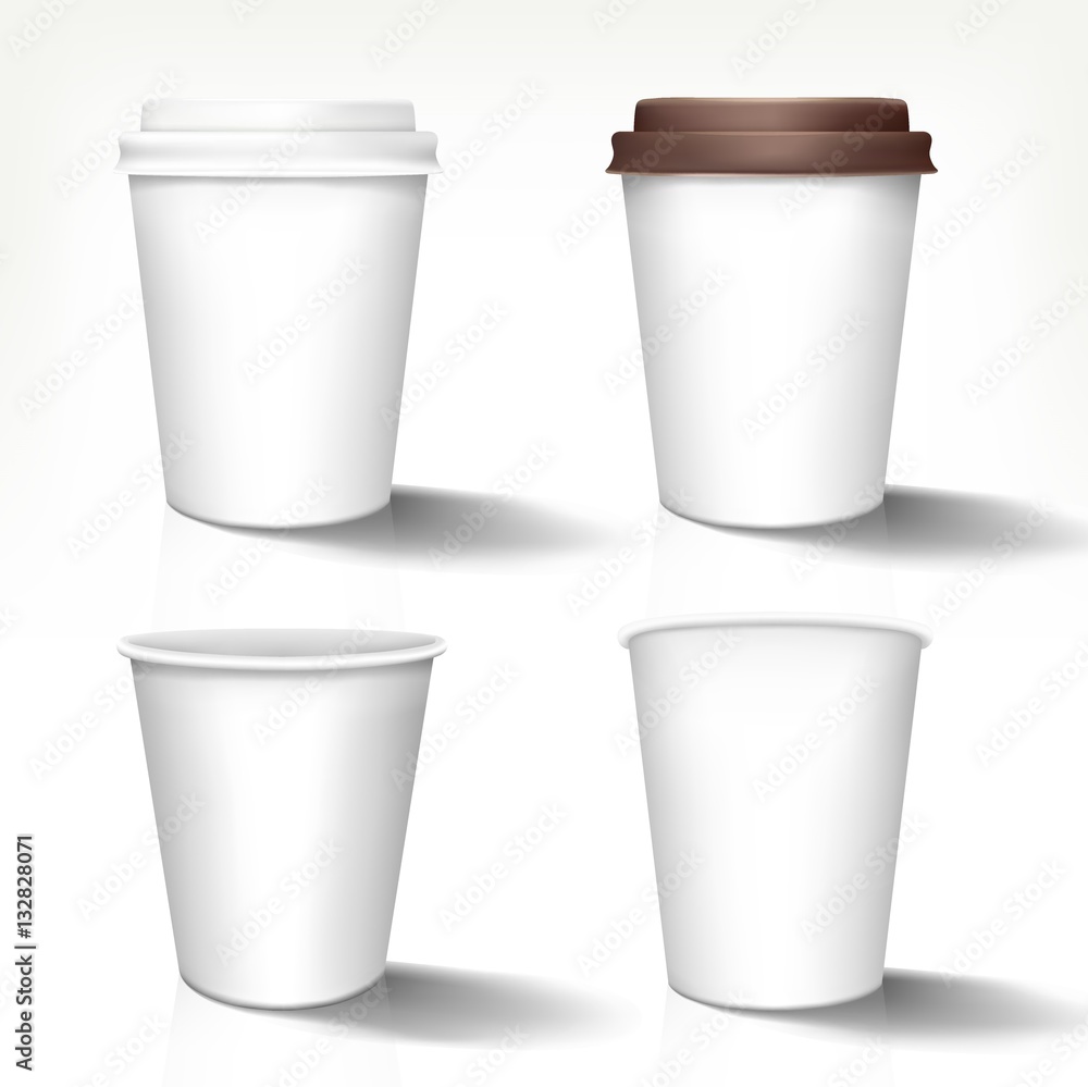 Set of realistic paper cups in front view. Vector templates, 3d design, fully editable handmade mesh. Disposable glasses used for logo design or advertising different hot drinks. Set of realistic paper cups in front view. Vector templates, 3d design, fully editable handmade mesh. Disposable glasses used for logo design or advertising different hot drinks.