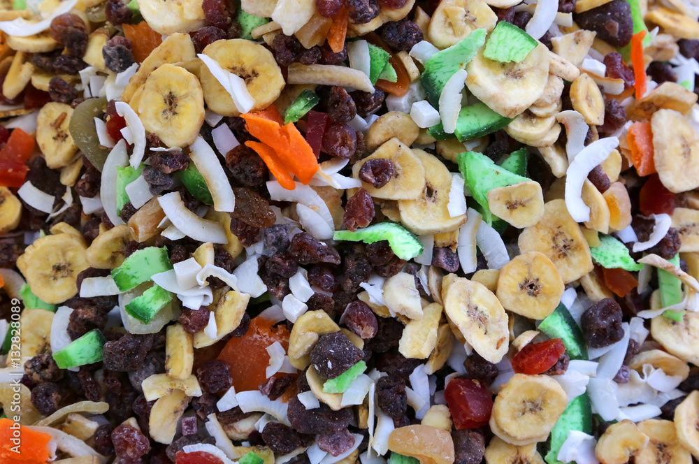 background with dried fruit with banana coconut and other tropic background with dried fruit with banana coconut and other tropic
