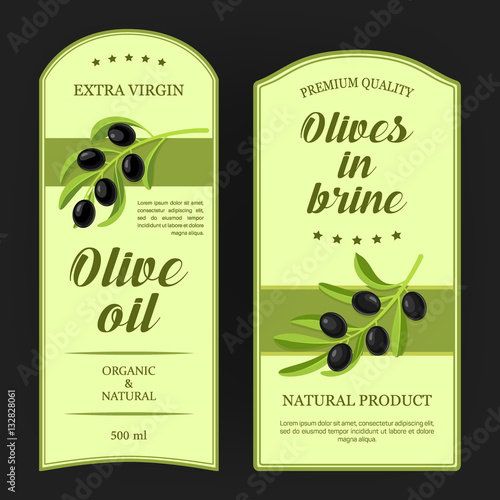 Set of labels for olive oil with black olives branches. Vector stickers designed for advertising olive oil or olives in brine premium quality.