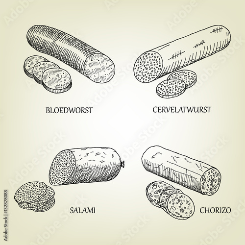Set of smoked sausages, bloedworst, cervelatwurst, salami and chorizo icons. Vector graphic sketch used for advertising meat products, butcher shop or recipe book design.