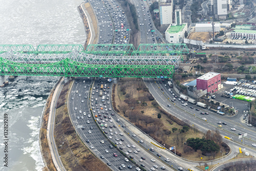 Photography Traffic during rush hour in Seoul city, highway Road beside hun