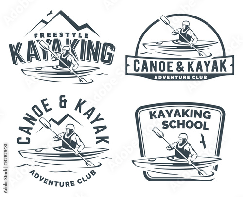 Kayak and canoe logo, emblems and badges. Man in a kayak