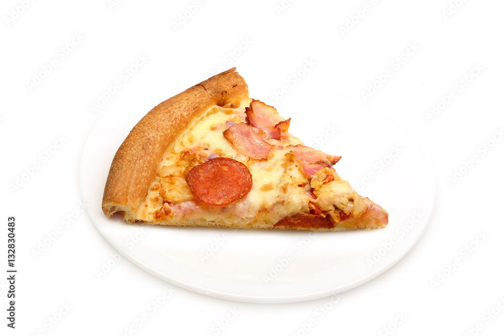 Big appetizing pizza piece on white plate isolated studio shot closeup