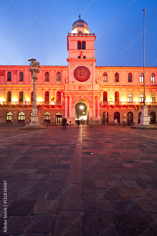 The Tower Clock and the Marciana Column in Piazza dei Signori in Padua. Italy.
