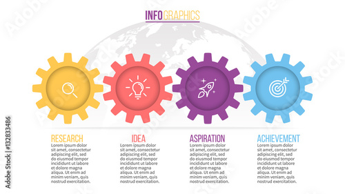 Business infographics. Timeline with 4 steps, gears, cogwheels.