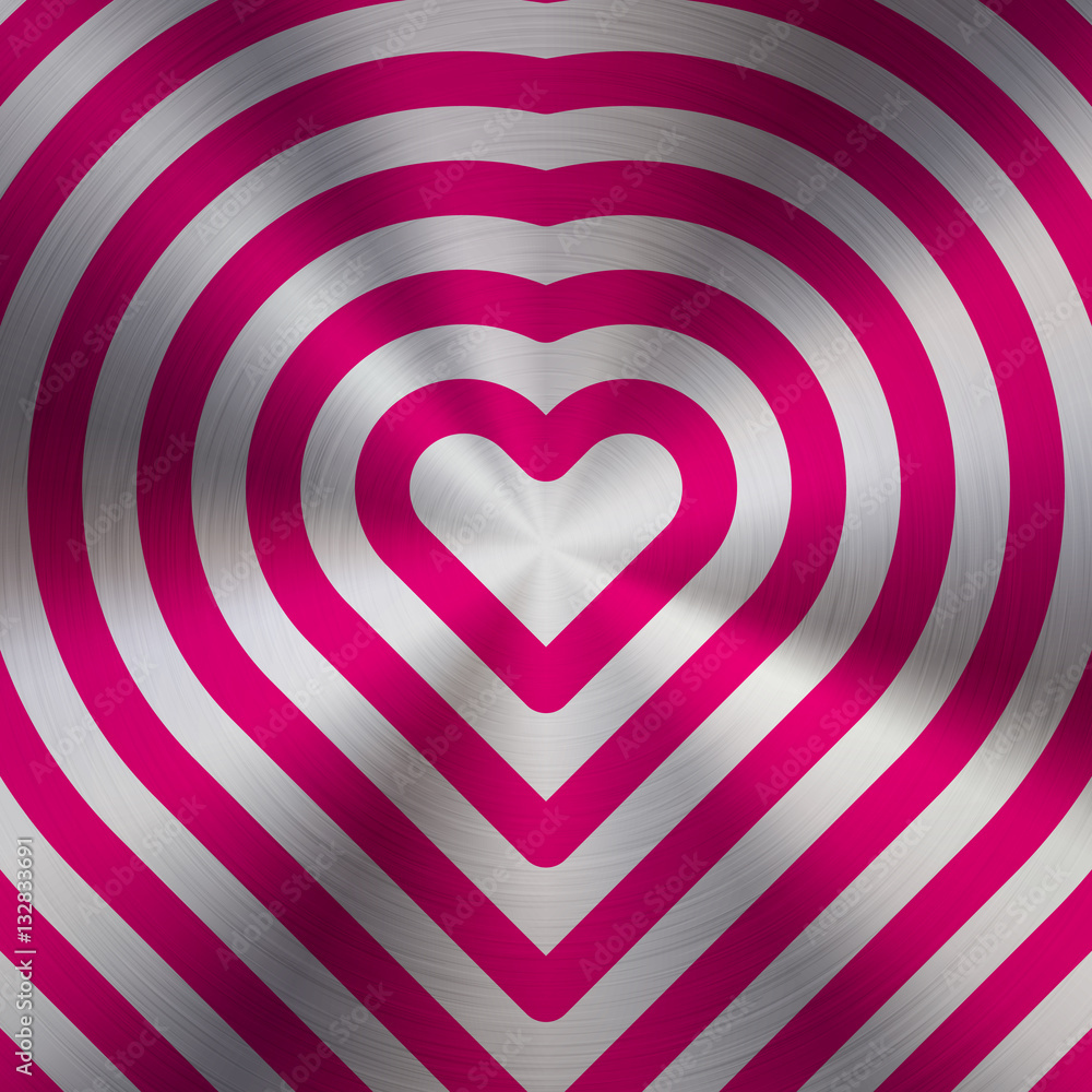 Magenta metal abstract heart technology background with circular polished, brushed concentric texture, chrome, silver, steel, aluminum for design concepts, web, prints, wallpapers. Vector illustration