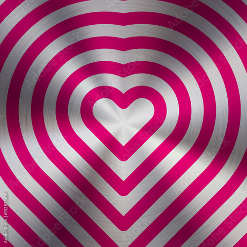 Magenta metal abstract heart technology background with circular polished, brushed concentric texture, chrome, silver, steel, aluminum for design concepts, web, prints, wallpapers. Vector illustration