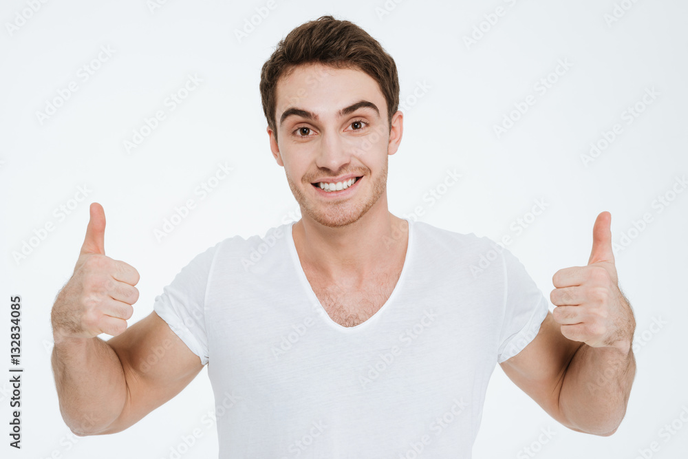 Happy man make thumbs up gesture. Happy man make thumbs up gesture.