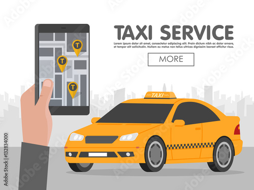 Phone with interface taxi on screen on background the city. Mobile app for booking service. Flat vector illustration for business, info graphic, banner, presentations