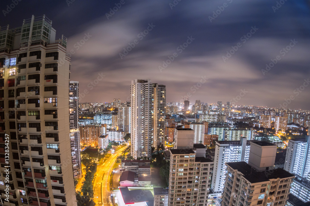 Singapore cityscape view at night from an apartment using fish eye lens