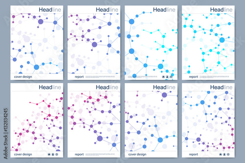 Scientific brochure design template. Vector flyer layout  Molecular structure with connected lines and dots. Scientific pattern atom DNA with elements for magazine  leaflet  cover  poster design.