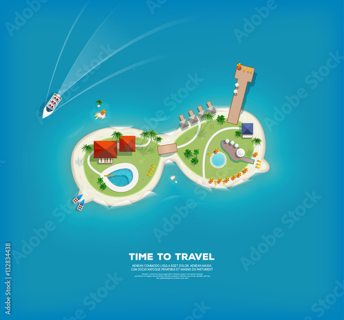 Top view of the island in the form of a sunglasses. Time to travel and vacations poster. Holiday trip. Travel and tourism.
