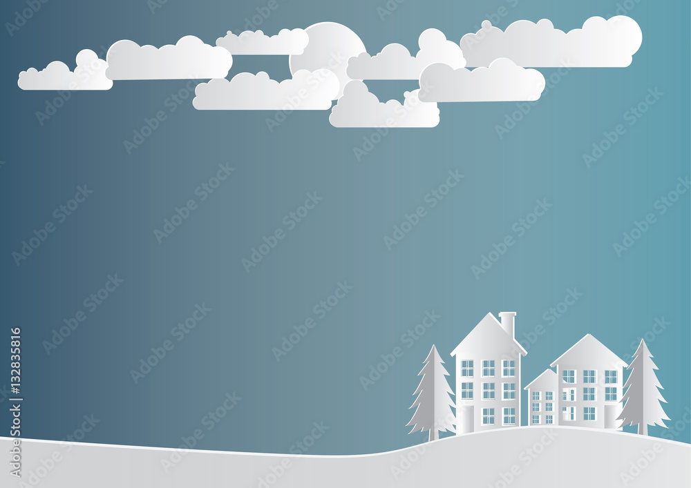  winter season , Snow Urban Countryside Landscape City Village ,paper art and craft style.