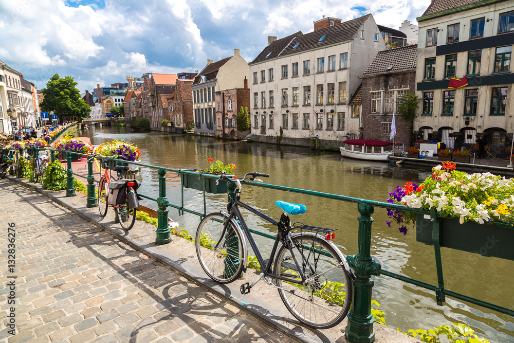 Bicycles parked by the canal in Gent